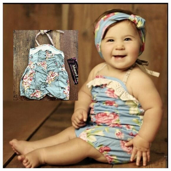 NWT Mustard Pie Floral & Gray Ruched Baby Bubble Romper - Picture 1 of 9